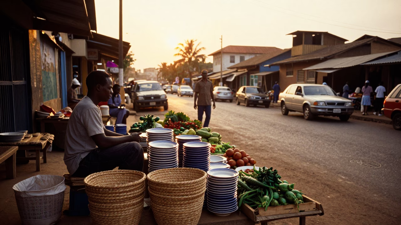 Accra Ghana Evening Street Scene with Saucers and Local Market Activity in in Accra, Ghana