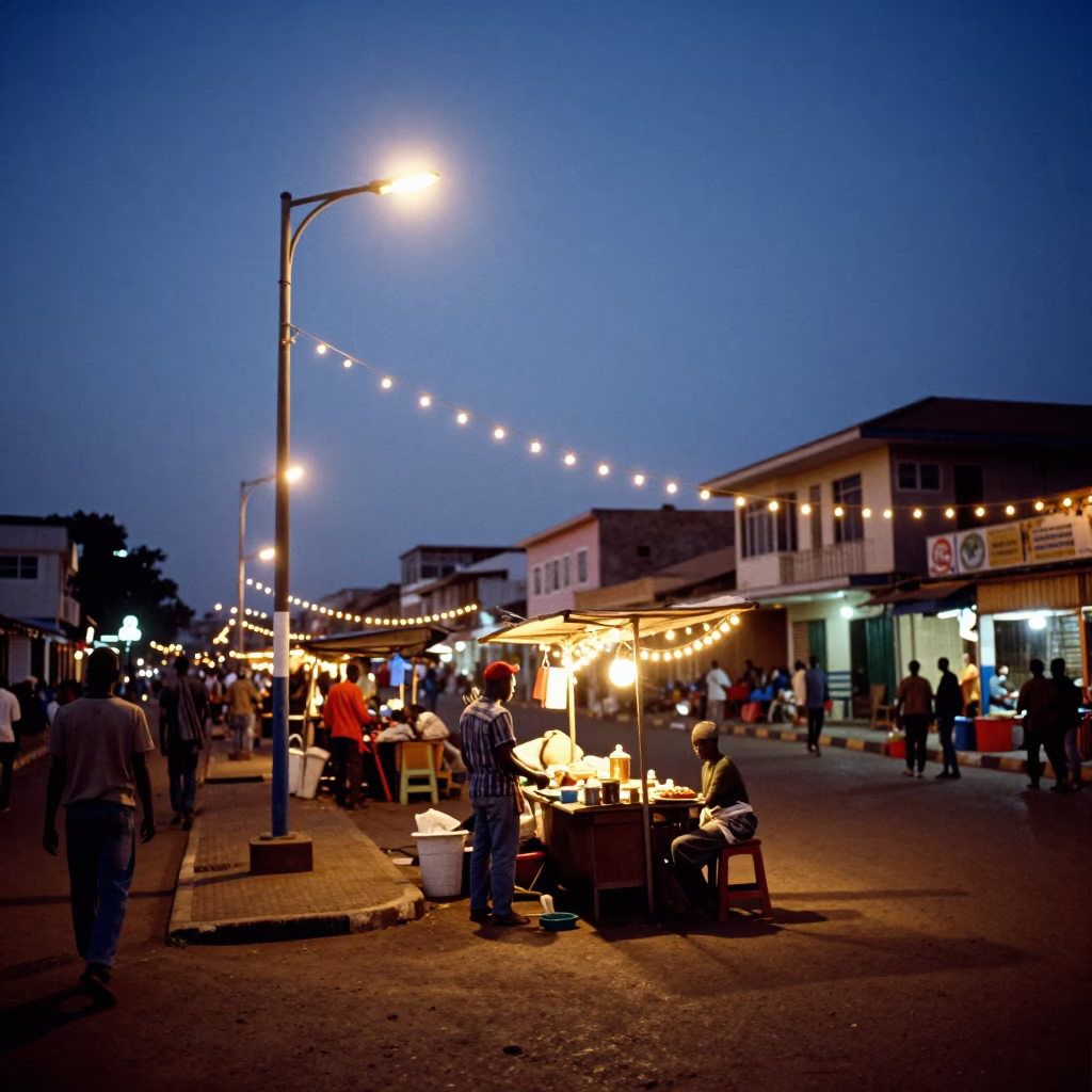 Accra Ghana Evening Street Scene with String Lights and Market Activity in in Accra, Ghana