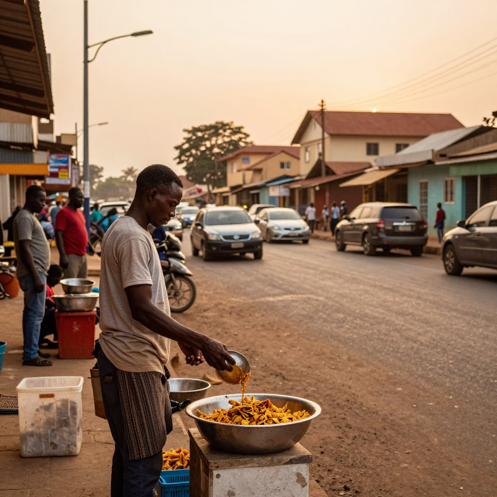 Accra Ghana Evening Street Scene with Vendor and Local Life in Honeyed Light in in Accra, Ghana