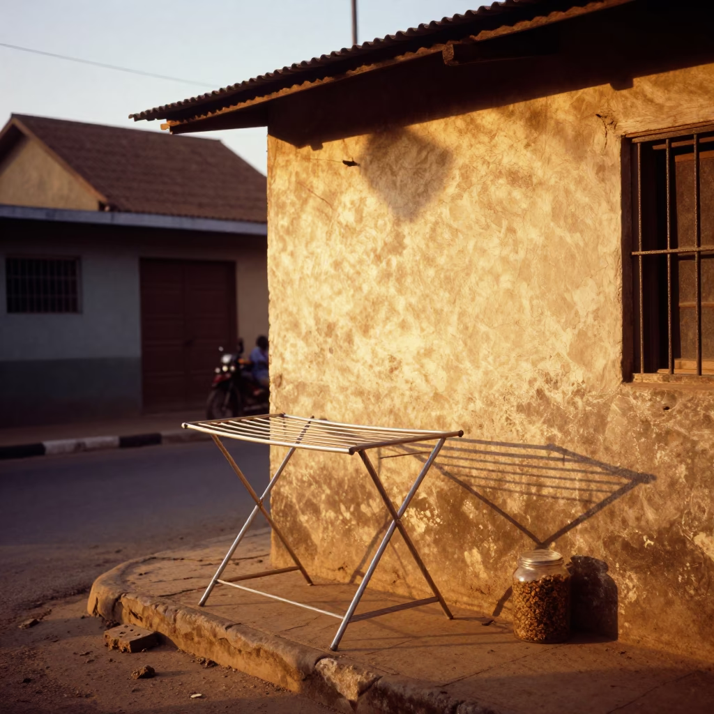Accra Ghana Golden Hour Street Scene with Drying Rack and Spice Jar in in Accra, Ghana