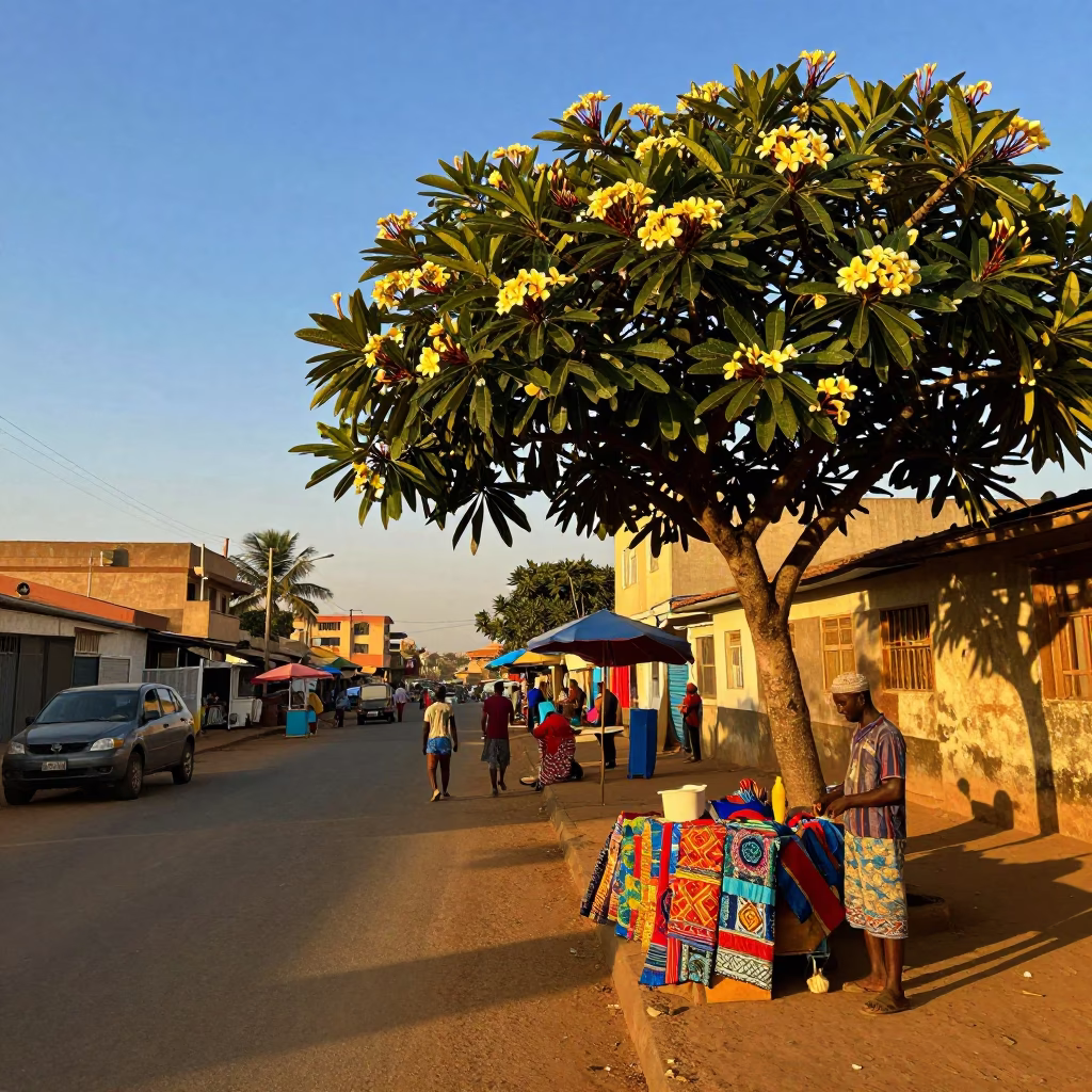 Accra Ghana Golden Hour Street Scene with Frangipani Bloom and Local Commerce in in Accra, Ghana
