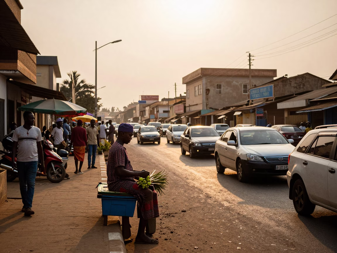 Accra Ghana Golden Hour Street Scene with Lemongrass Vendor and Busy Traffic in in Accra, Ghana