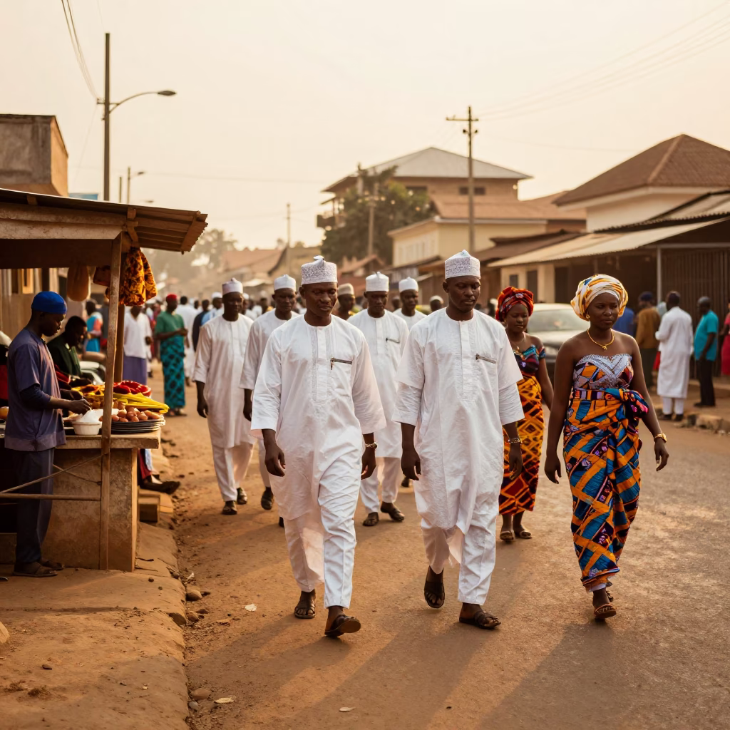 Accra Ghana Golden Hour Street Scene with Traditional Wedding Procession and Local Market Activity in in Accra, Ghana