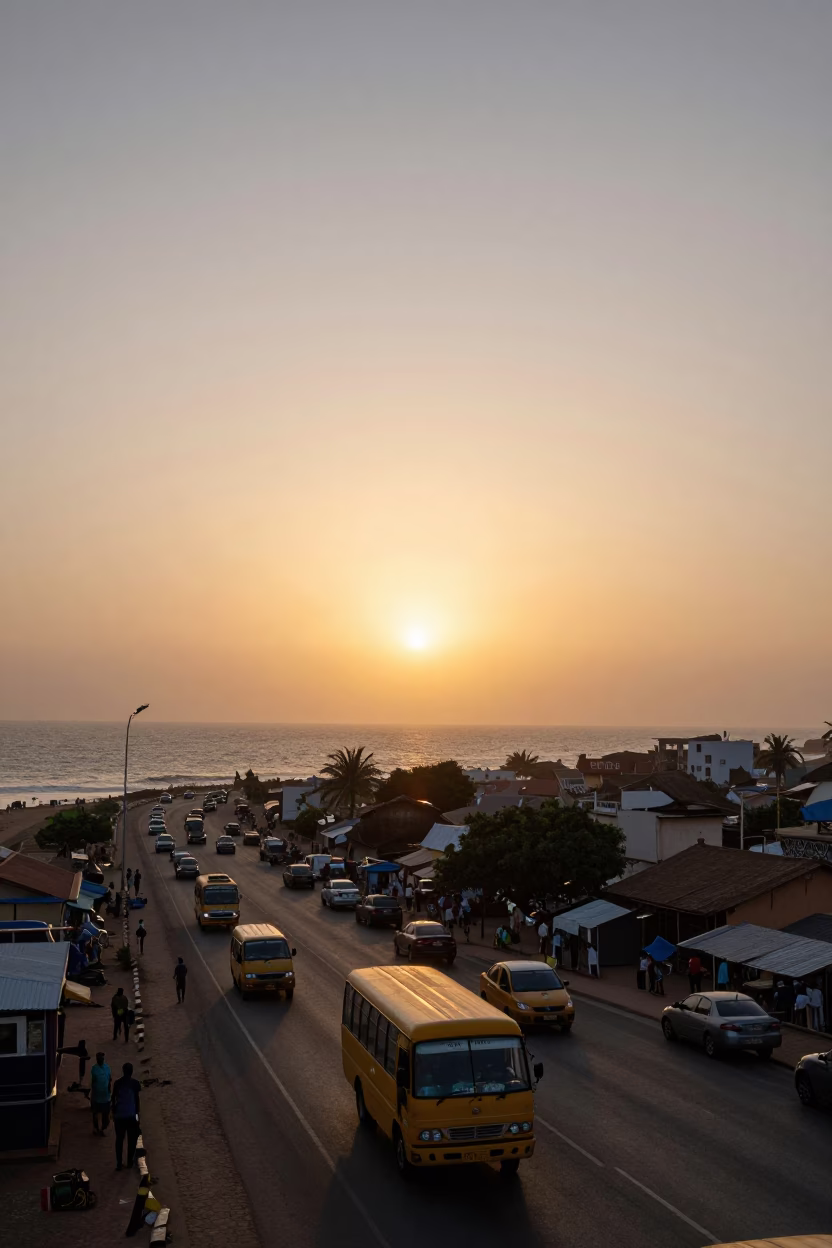 Accra Ghana Horizon at Sunset with Coastal Traffic and Urban Skyline in in Accra, Ghana