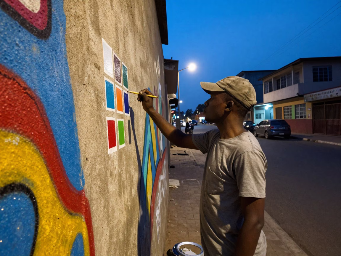 Accra Ghana indigo twilight street scene with colorful muralist and local activity in in Accra, Ghana