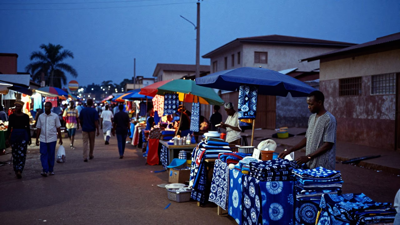 Accra Ghana Indigo Twilight Street Scene with Local Market Activity in in Accra, Ghana