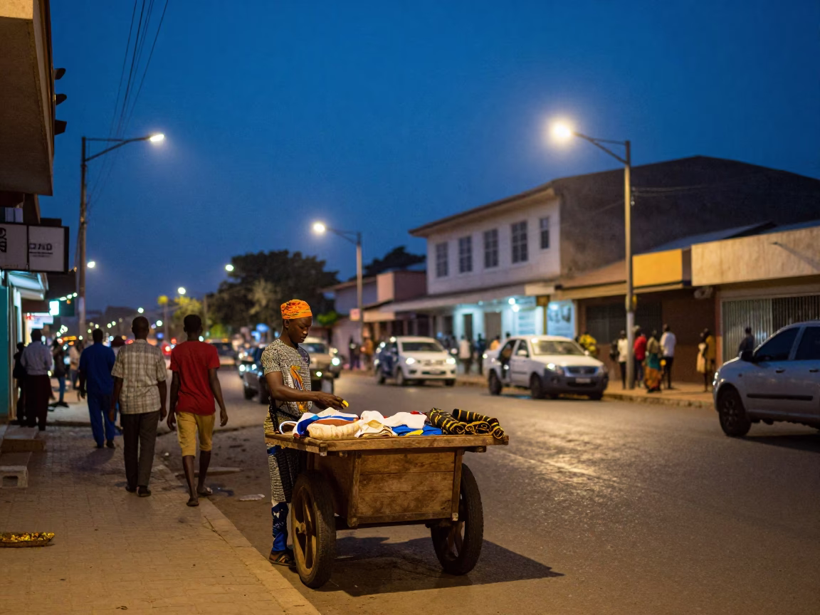 Accra Ghana indigo twilight street scene with local vendor and traditional elements in in Accra, Ghana