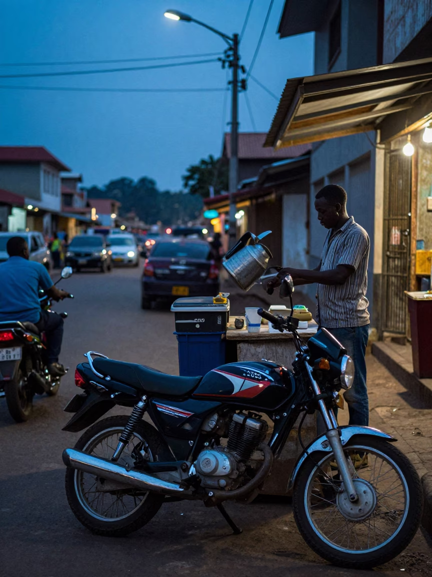 Accra Ghana indigo twilight street scene with motorcycle and local vendor in in Accra, Ghana