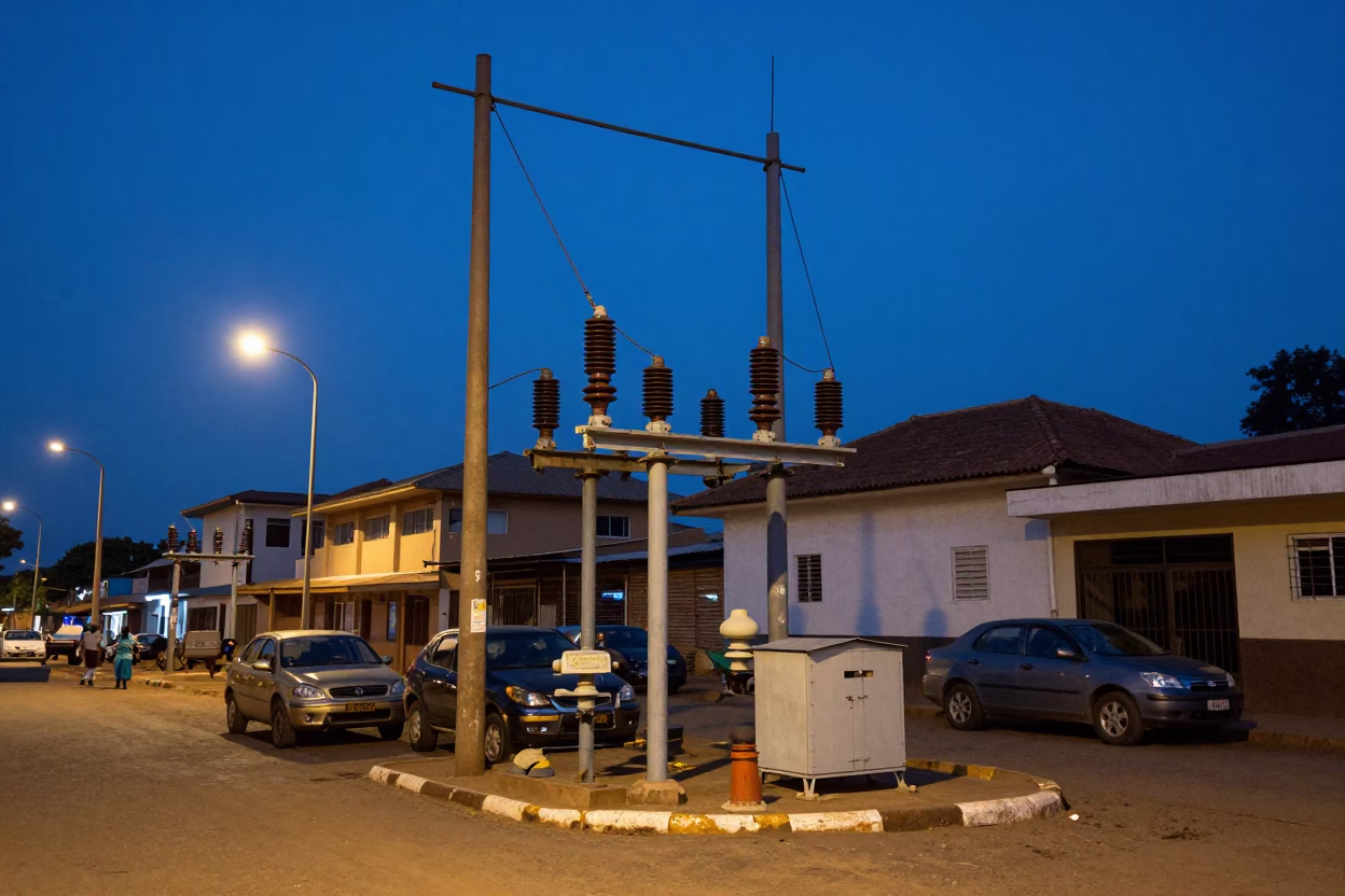 Accra Ghana indigo twilight street scene with substation insulators and local market activity in in Accra, Ghana