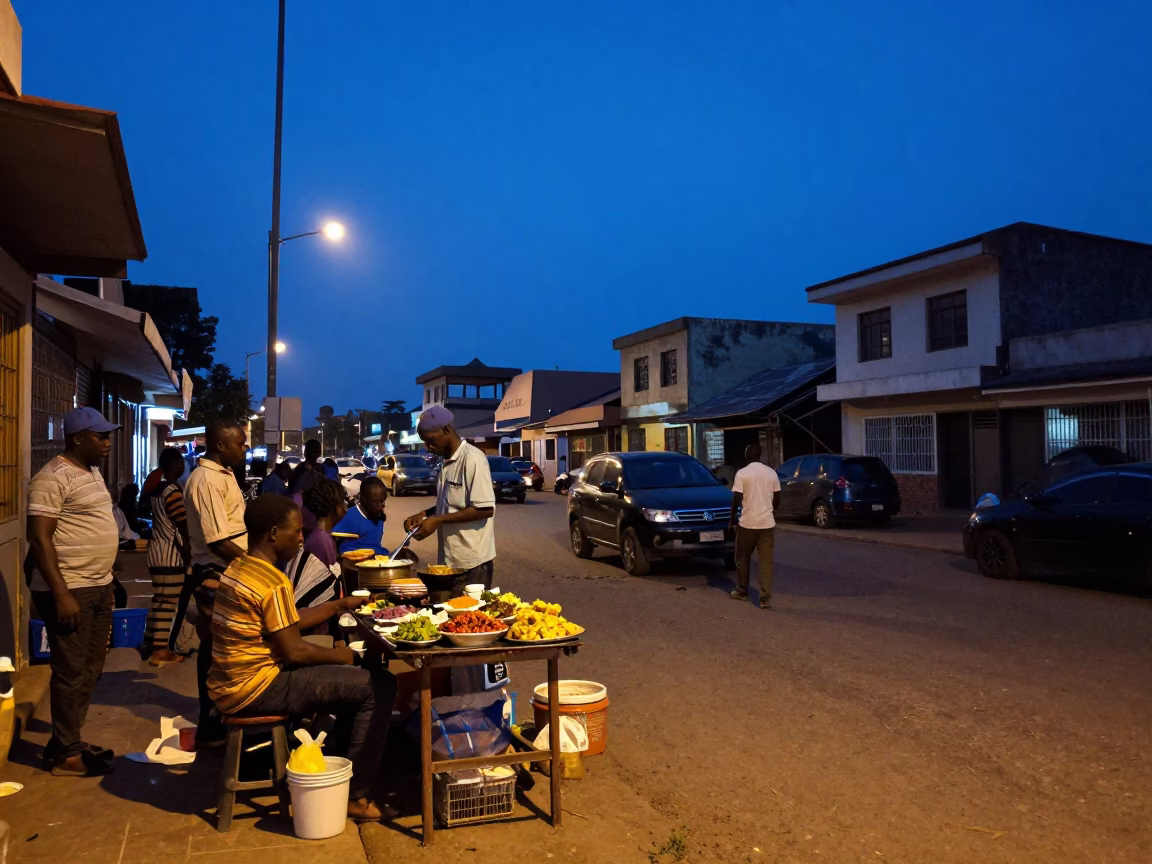 Accra Ghana indigo twilight street scene with vendor and local details in in Accra, Ghana