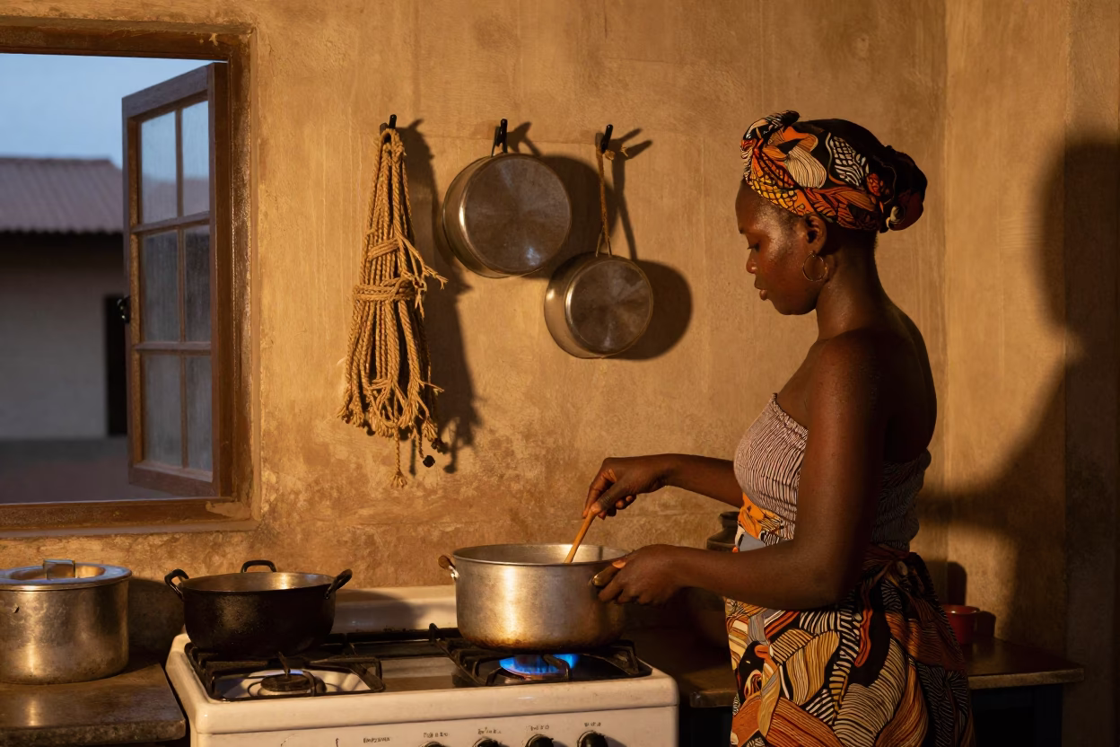 Accra Ghana Kitchen Evening Cooking Pot Wall Hook Frayed Rope Tabby Cat in in Accra, Ghana