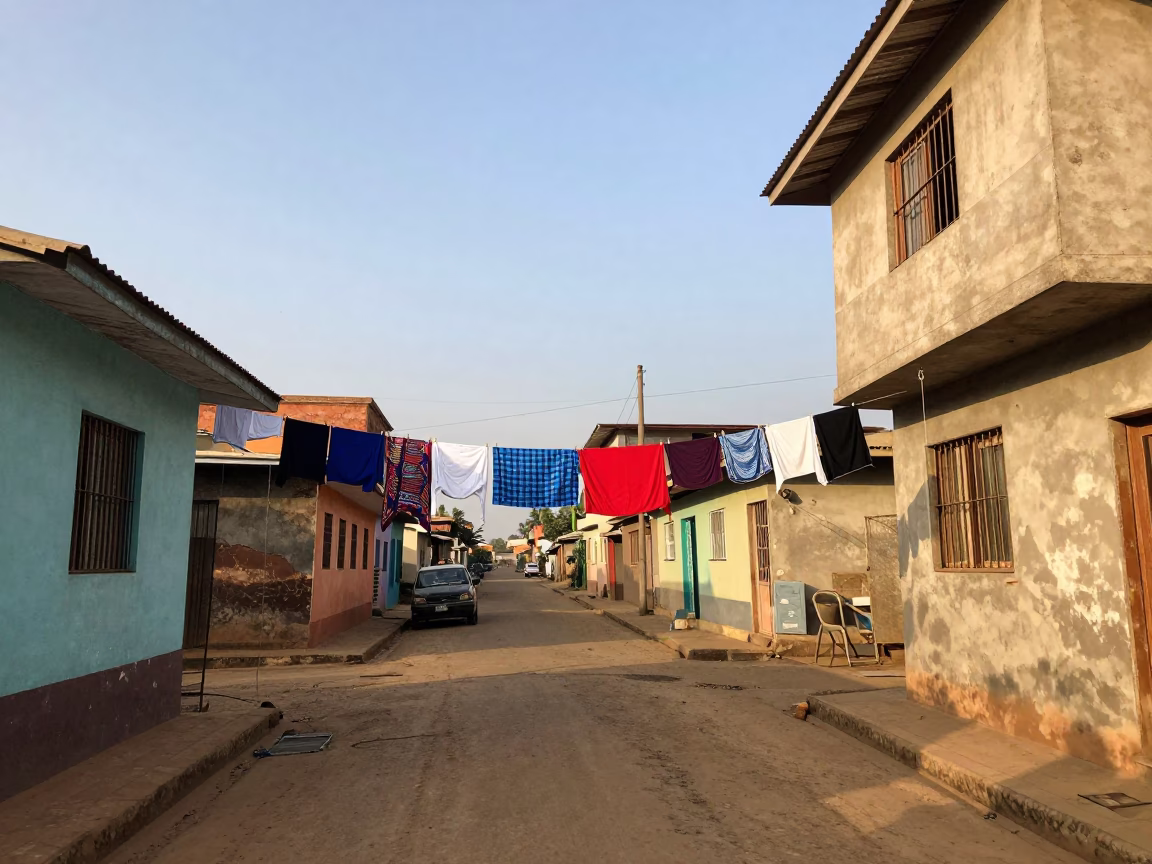 Accra Ghana Late Afternoon Street Scene with Clothesline and Steel Bucket in in Accra, Ghana