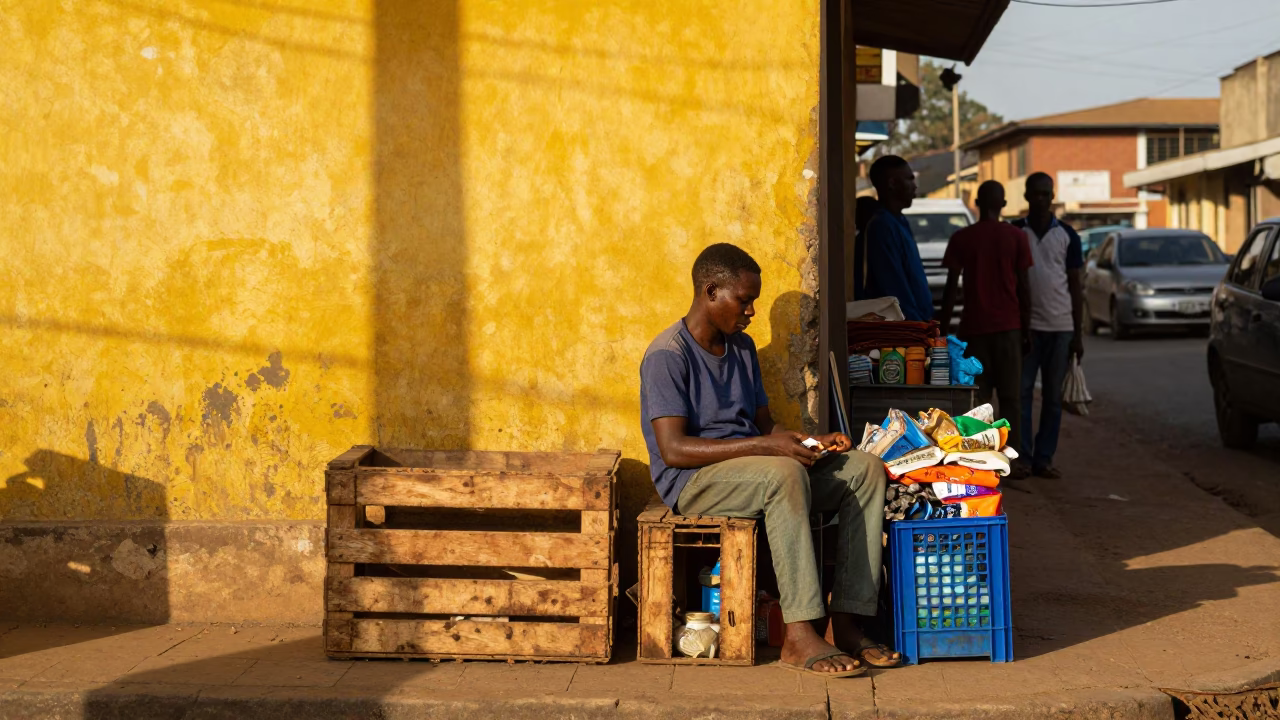 Accra Ghana Late Afternoon Street Scene with Crate and Local Market Activity in in Accra, Ghana