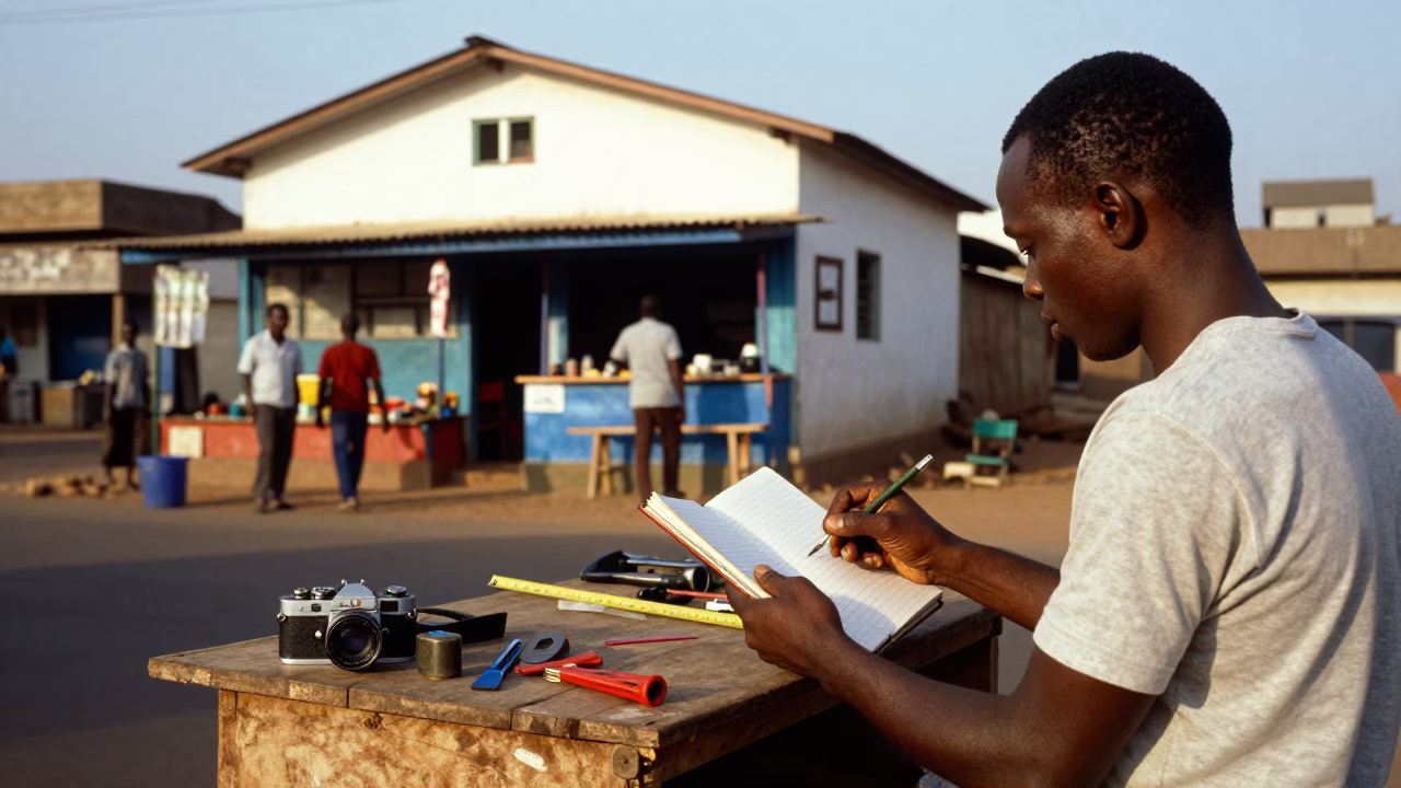 Accra Ghana Late Afternoon Street Scene with Notebook and Measuring Tape in in Accra, Ghana