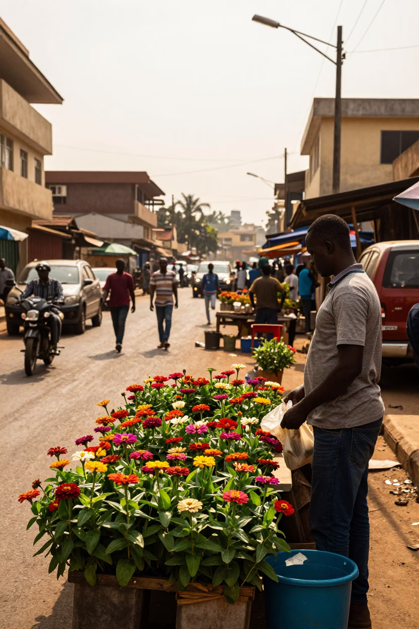 Accra Ghana Late Afternoon Street Scene with Zinnias and Urban Life in in Accra, Ghana