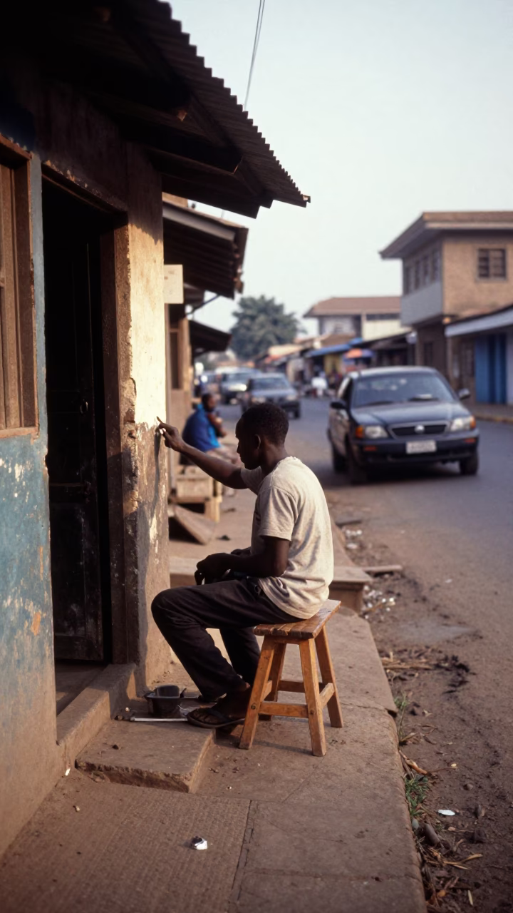 Accra Ghana Late Morning Street Scene with Work Stool and Local Market Activity in in Accra, Ghana