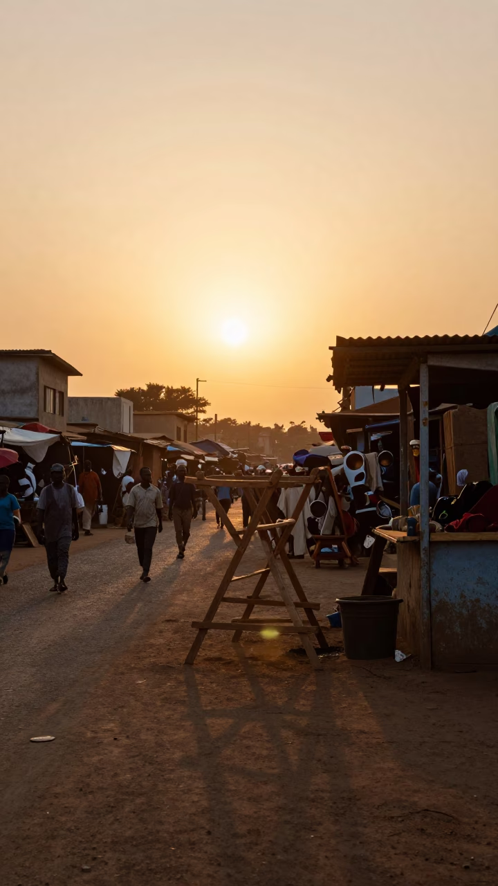 Accra Ghana Market Scene at Sunset with Drying Rack and Local Commerce in in Accra, Ghana