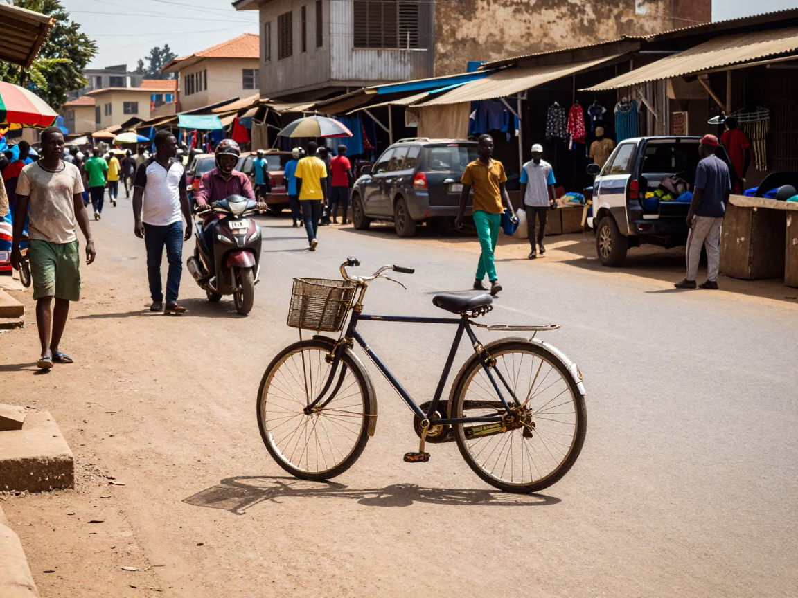 Accra Ghana Midday Street Scene with Bicycle and Local Market Activity in in Accra, Ghana