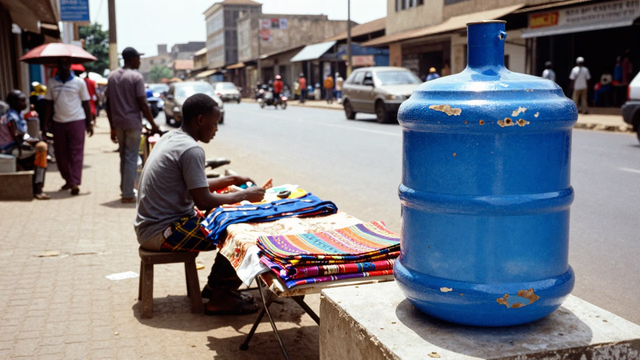 Accra Ghana Midday Street Scene with Chipped Blue Enamel and Folding Tables in in Accra, Ghana