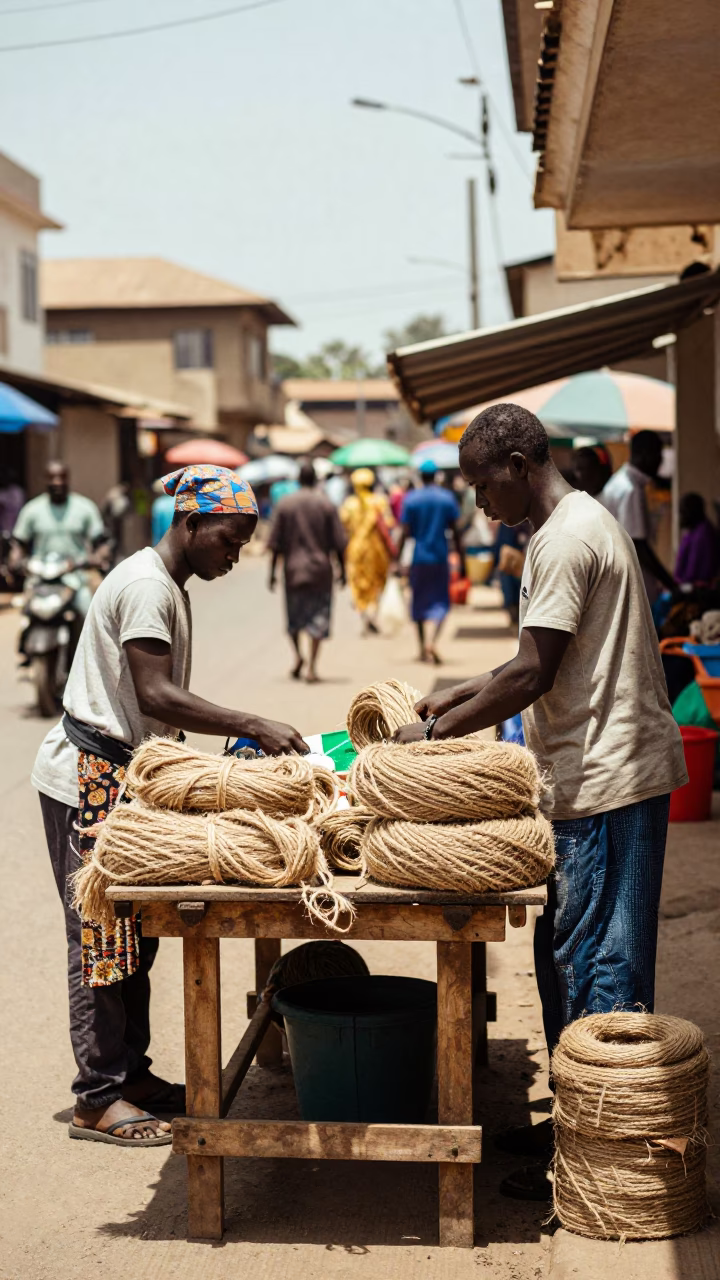 Accra Ghana Midday Street Scene with Twine Fibers and Local Commerce in in Accra, Ghana