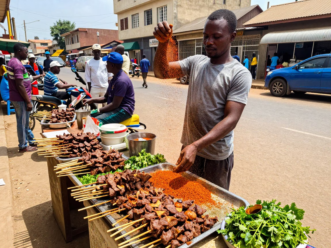 Accra Ghana Midmorning Street Scene with Suya Skewers and Local Market Activity in in Accra, Ghana