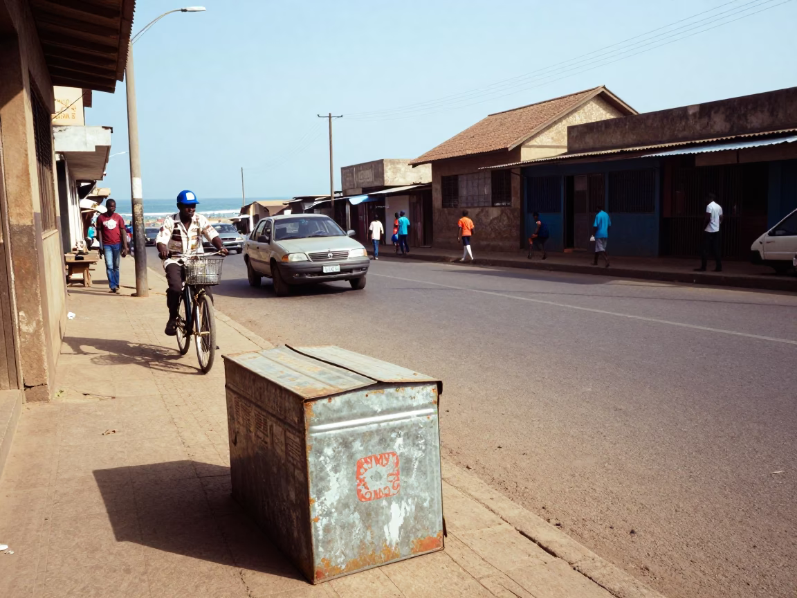 Accra Ghana Midmorning Street Scene with Tin Box and Bicycle Near Coastal Horizon in in Accra, Ghana