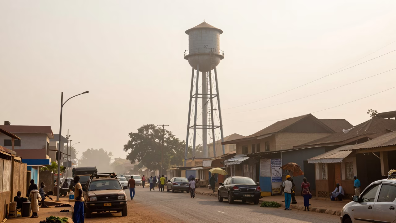 Accra Ghana Morning Street Scene with Water Tower Ladder and Mist in in Accra, Ghana