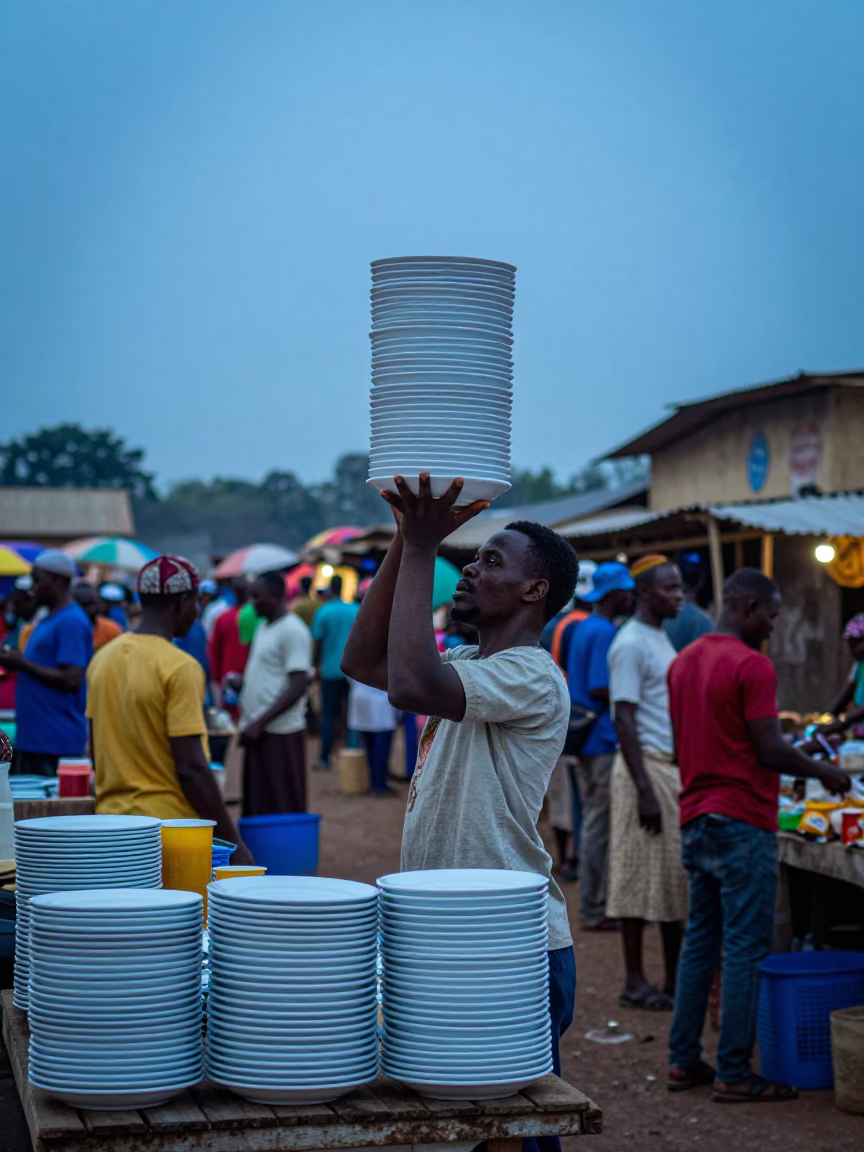 Accra Ghana Nautical Dawn Market Scene with Stacked Plates and Thermos in in Accra, Ghana