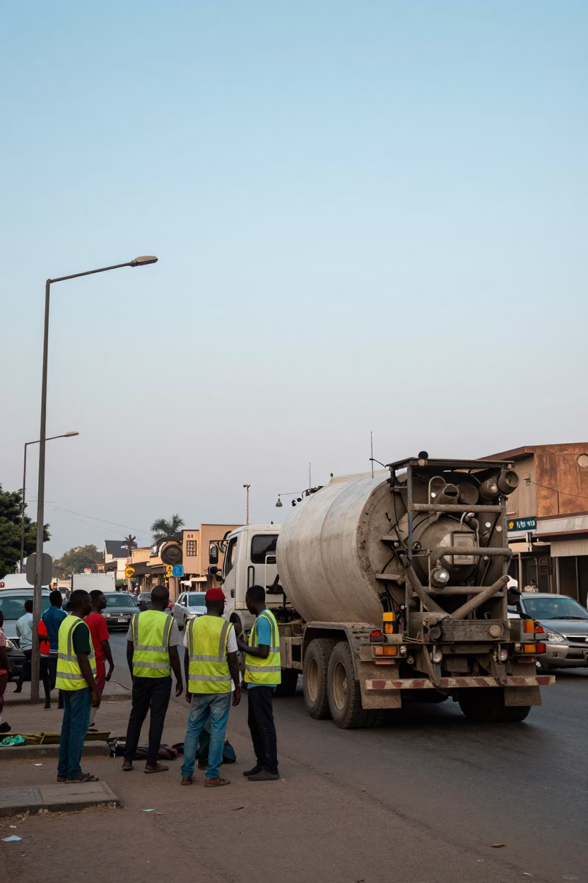 Accra Ghana Nautical Dawn Street Scene with Cement Mixer and Local Market Activity in in Accra, Ghana