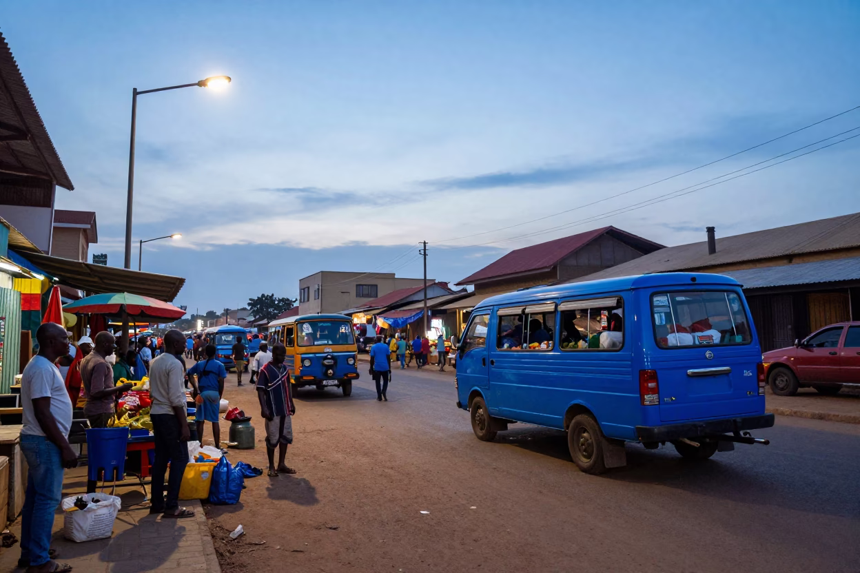 Accra Ghana Nautical Dawn Street Scene with Local Market Activity and Colorful Vans in in Accra, Ghana