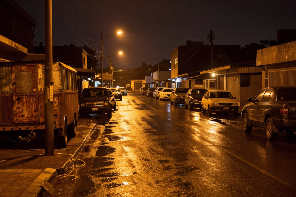 Accra Ghana Night Street Scene with Rusty Metal and Vintage Elements in in Accra, Ghana