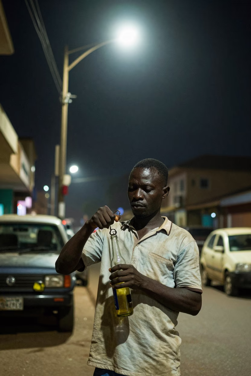 Accra Ghana Night Street Scene with Vendor Using Bottle Opener on Dark Corner in in Accra, Ghana
