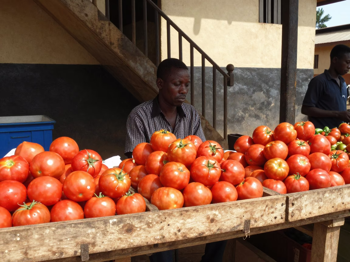 Accra Ghana Noon Market Stall with Tomatoes and School Staircase Championship Photos in in Accra, Ghana