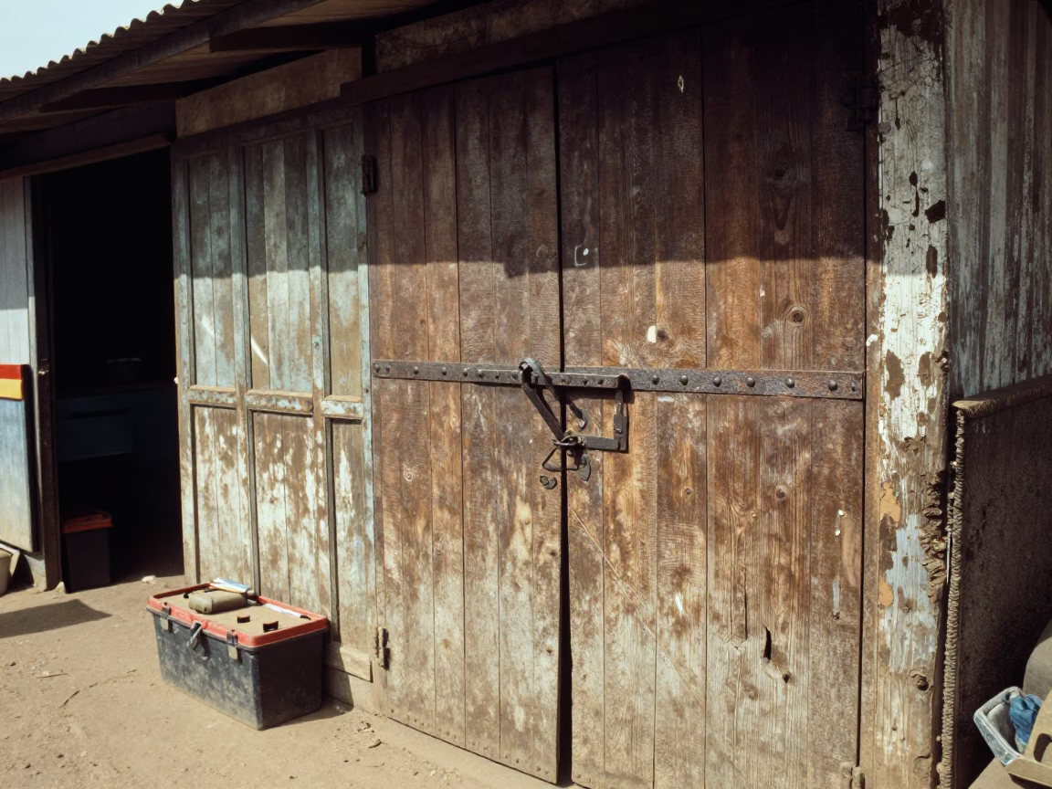 Accra Ghana Noon Street Scene with Iron Deadbolt and Toolbox Near Market Stall in in Accra, Ghana