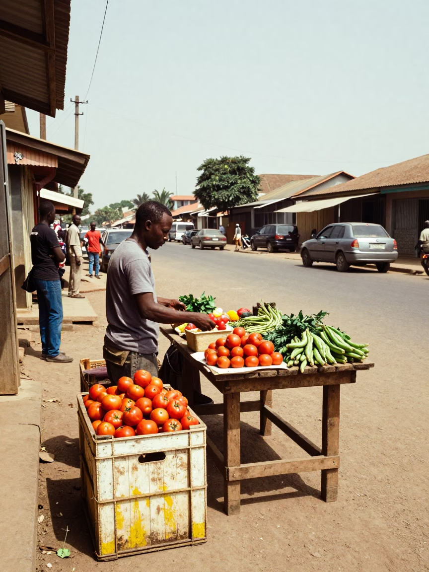 Accra Ghana Noon Street Scene with Painted Crate and Local Commerce in in Accra, Ghana