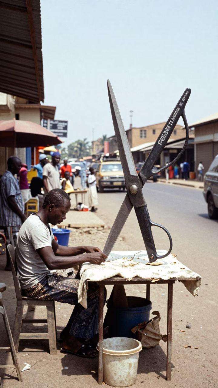 Accra Ghana Noon Street Scene with Tailor Shears and Local Commerce in in Accra, Ghana