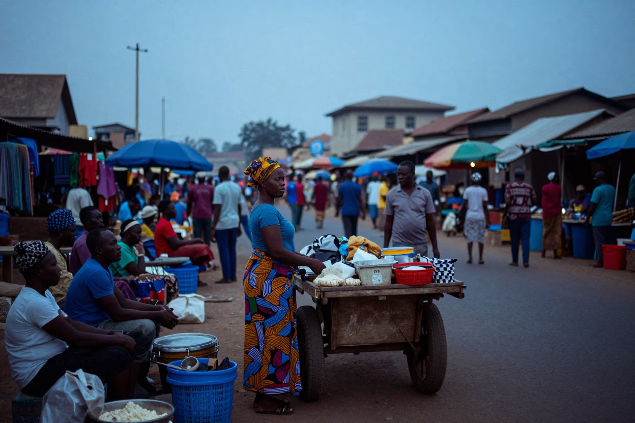 Accra Ghana Pre-Dawn Street Market Activity with Local Vendors and Goods Before Sunrise in in Accra, Ghana