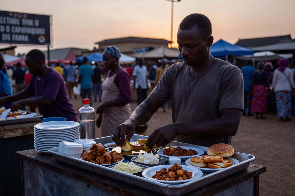 Accra Ghana Pre Dawn Street Market Vendor Preparing Breakfast Near Wash Basin in in Accra, Ghana