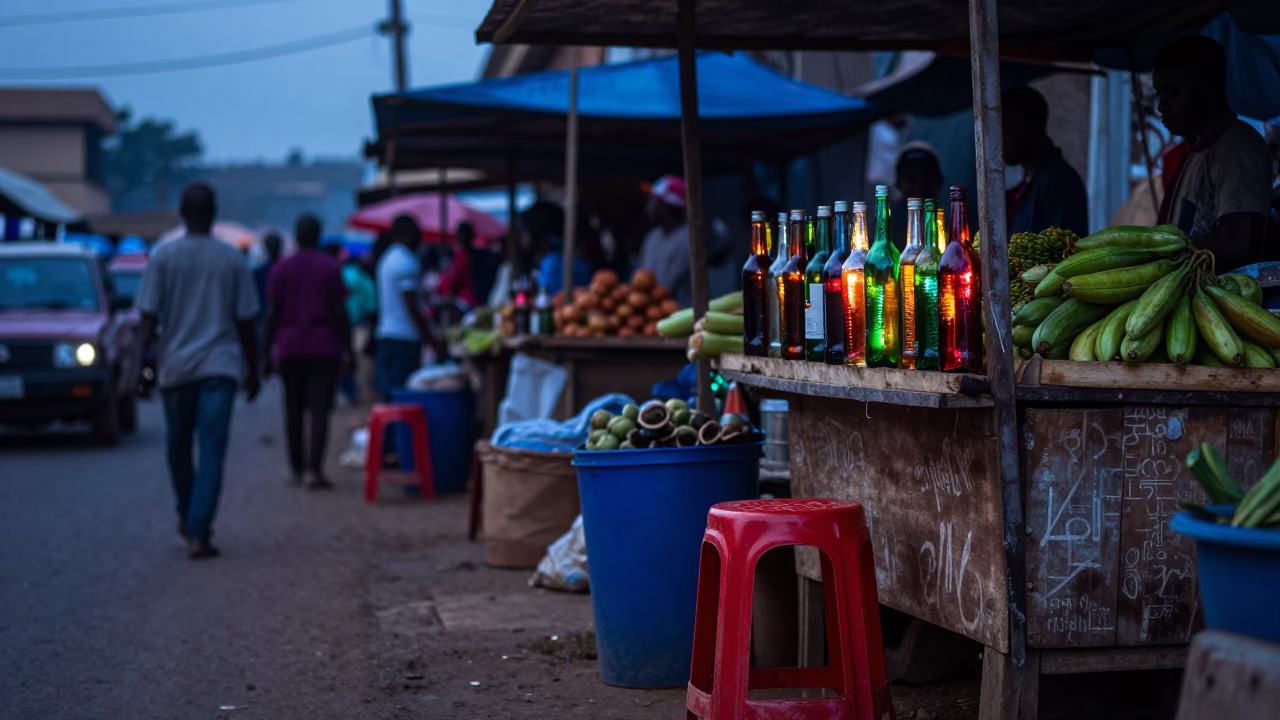 Accra Ghana Pre-Dawn Street Scene with Colorful Glass Bottle and Local Commerce in in Accra, Ghana