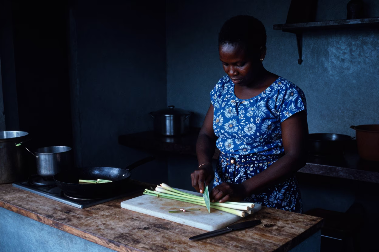 Accra Ghana Predawn Kitchen Scene With Lemongrass And Skillet in in Accra, Ghana