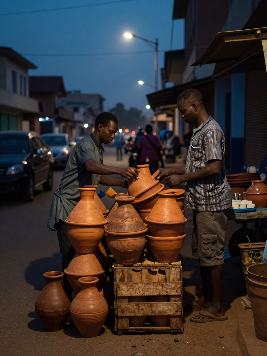Accra Ghana Predawn Street Scene With Clay Pots And Rusty Bucket Under Dim Light in in Accra, Ghana