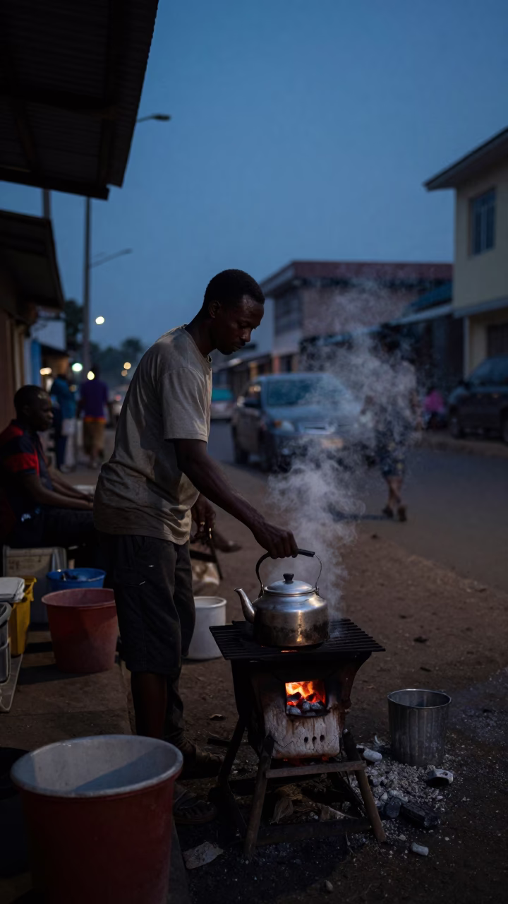 Accra Ghana Predawn Street Scene With Kettle And Condensation in in Accra, Ghana
