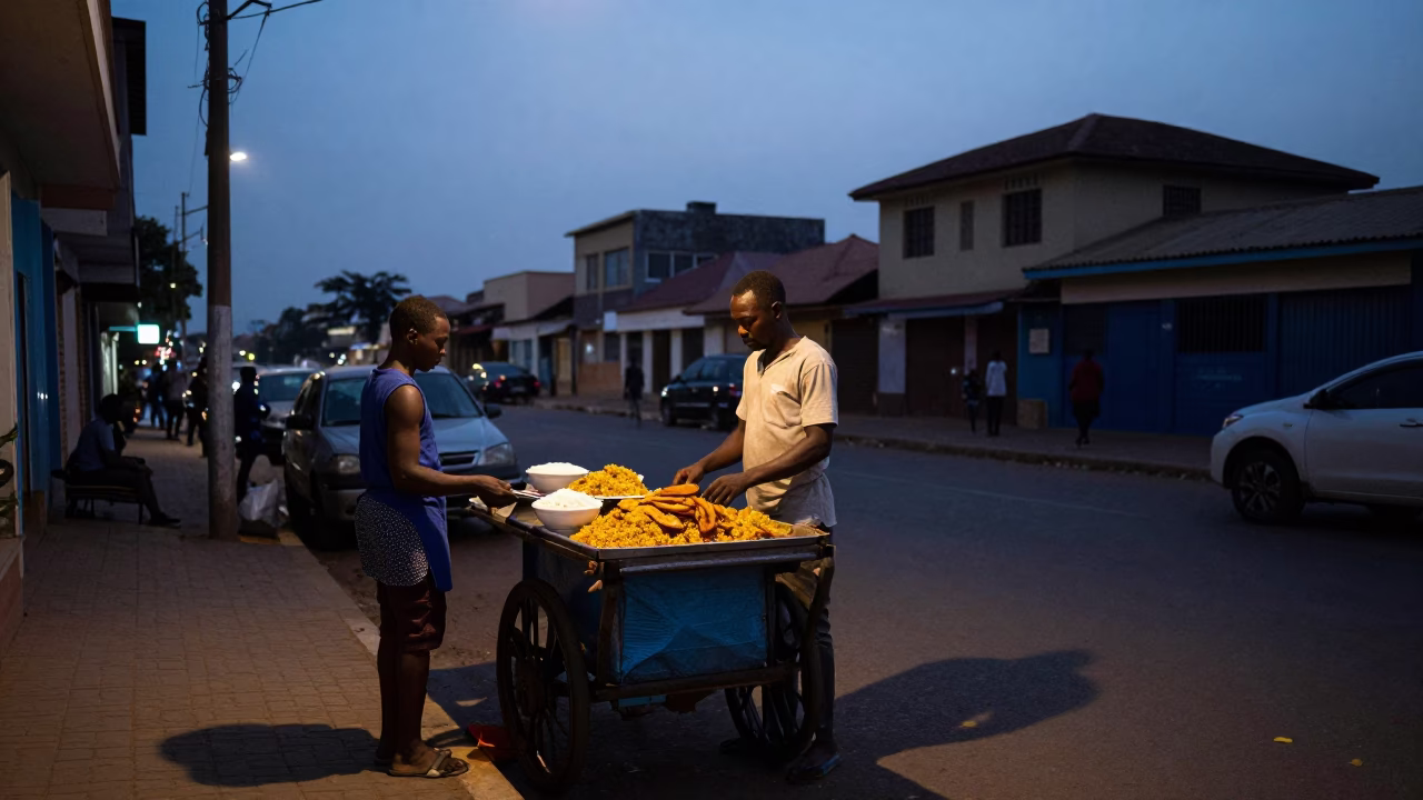 Accra Ghana Predawn Street Scene with Local Food Vendor and Palm Silhouette in in Accra, Ghana
