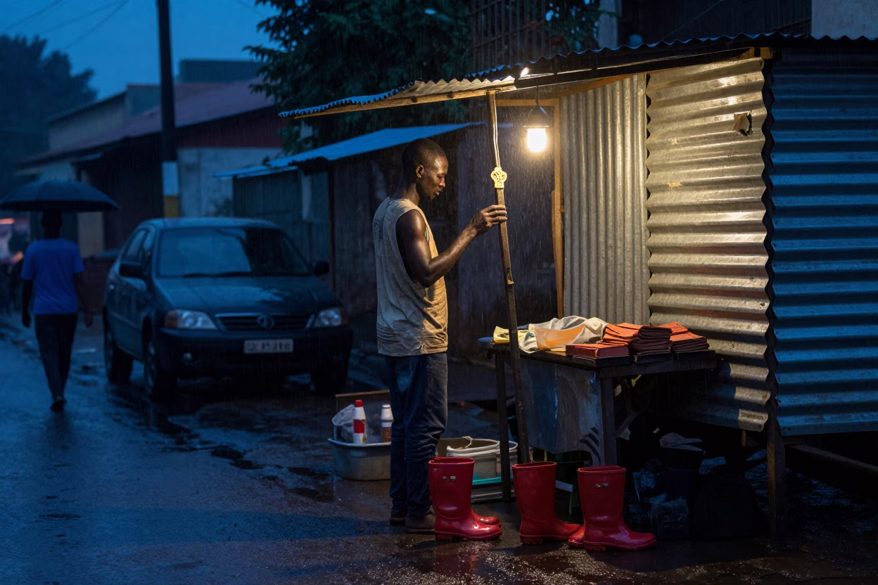 Accra Ghana Predawn Street Scene with Local Vendor and Rain Boots in Dark Light in in Accra, Ghana