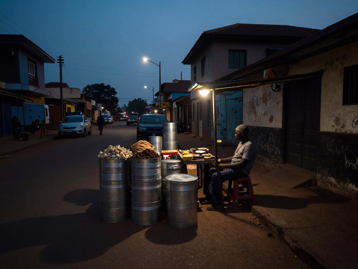 Accra Ghana Predawn Street Scene with Storage Tins and Local Vendor Activity in in Accra, Ghana