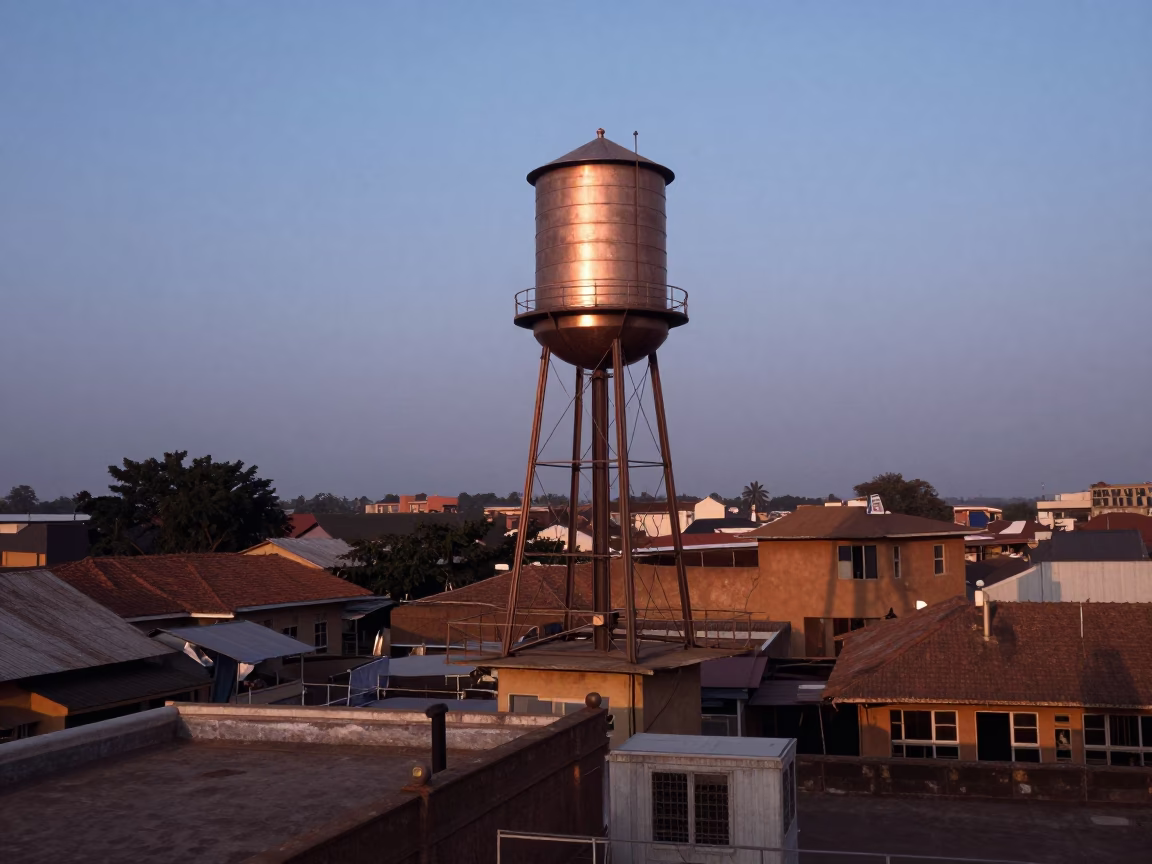Accra Ghana rooftop terrace with water tower in copper dusk light candid street moment in in Accra, Ghana