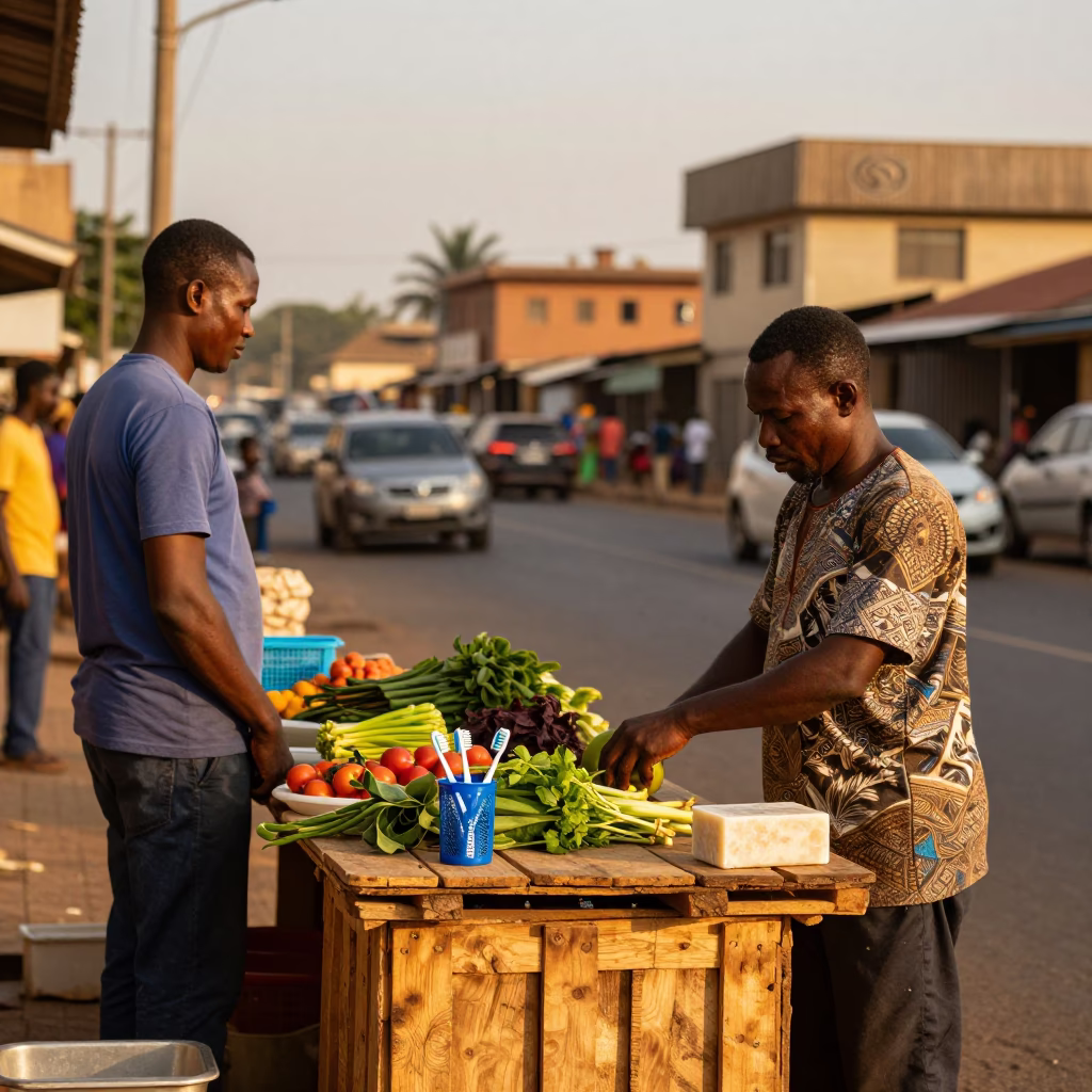 Accra Ghana Street Corner Evening Life with Local Vendor and Daily Essentials in in Accra, Ghana