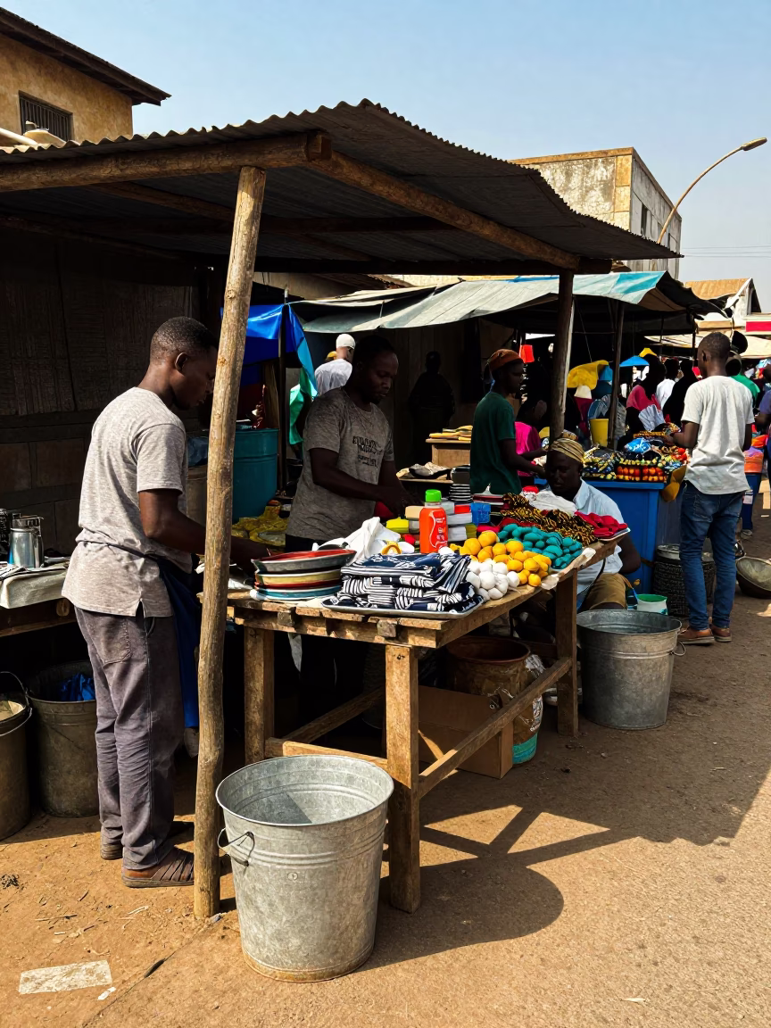 Accra Ghana street corner market stall with metal bucket and spice tins in in Accra, Ghana
