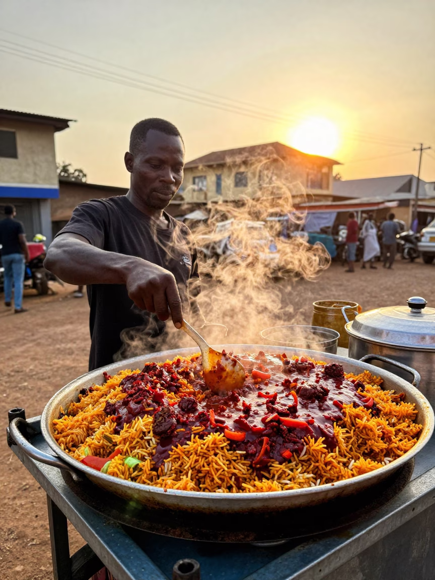 Accra Ghana street food vendor serving spicy jollof rice in honeyed evening light in in Accra, Ghana