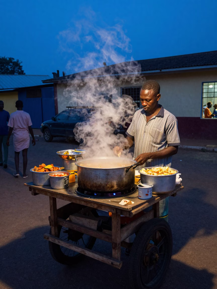 Accra Ghana street food vendor serving steaming hotpot during blue hour in in Accra, Ghana